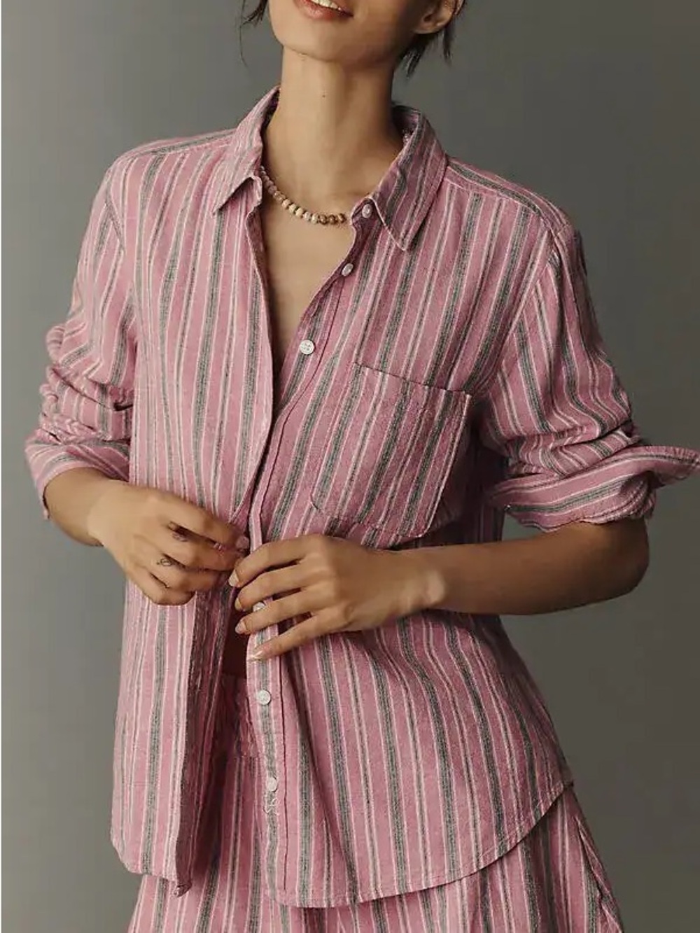 Anthropologie Maeve Kate Linen Blend Classic Button Down Pink Green Stripe Shirt